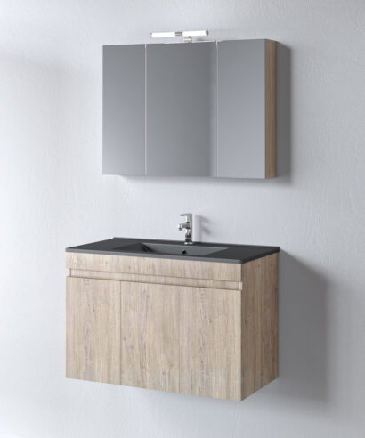Σετ Έπιπλο Μπάνιου OMEGA BEIGE OAK 90 9SOM090BOBW Πάγκο 87x44x60 Καθρέφτη και Μαύρο Νιπτήρα