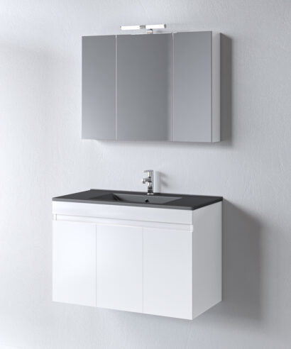 Σετ Έπιπλο Μπάνιου OMEGA 90 WHITE GLOSS 9SOM090GLBW Πάγκο 87x44x60 Καθρέφτη και Μαύρο Νιπτήρα